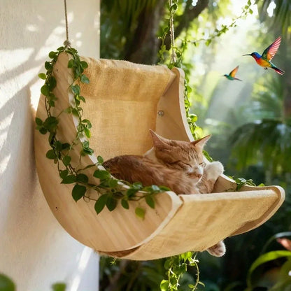 Hanging Cat Bed Hammock with Suction Cups Window Mounted Pet Swing for Cats Wooden Cat Cradle Space-Saving Wall Furniture