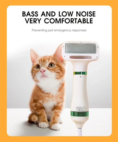 Cat next to a pet grooming tool with text about comfort and noise level.