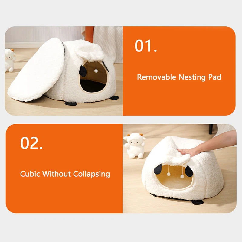 BOOTEELY Winter Warm Sheep Shape Cat Villa Semi-Closed Three-Dimensional Cat House Four Seasons Universal Cat Bed