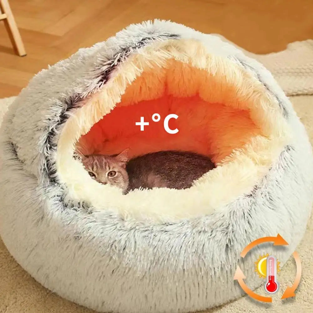 Snooze Cat Bed Round Plush Fluffy Hooded Cozy Cat Bed Cave for Indoor Donut Self Warming Small Dog Bed Anti-anxiety Puppy Kennel