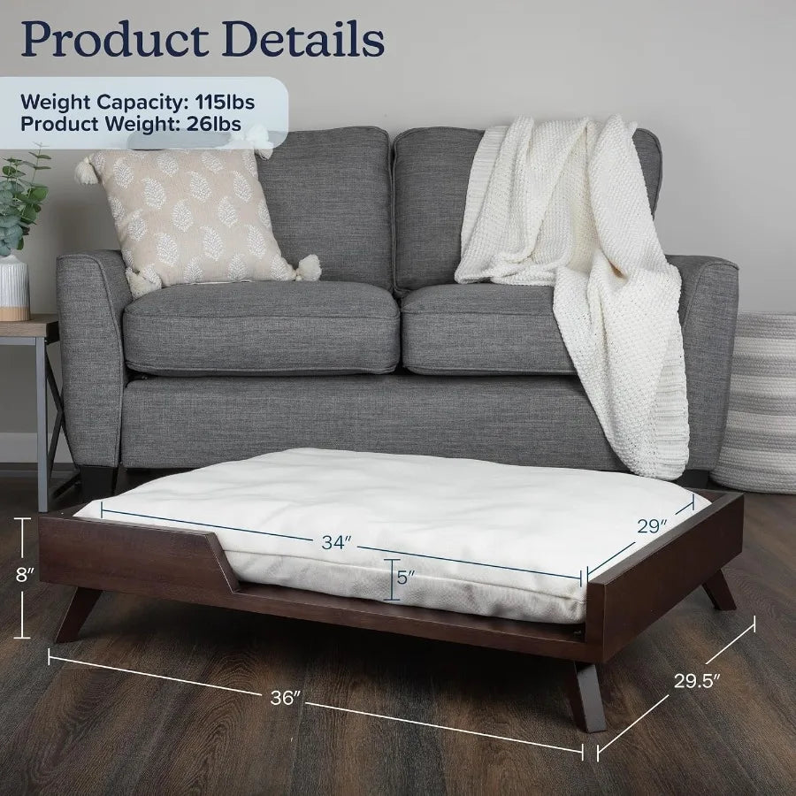 Elevated Dog Bed 36 x 29.5 Indoor Pet Bed with Frame and Soft Cushion Designed for Medium to Large Pets Mid-Century Modern Wood
