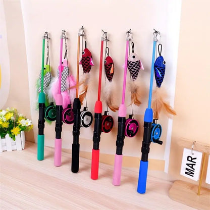 1Pc Telescopic Cat Fishing Rod Toy with Fish & Feathers, Interactive Funny Teaser Wand for Kitten Play