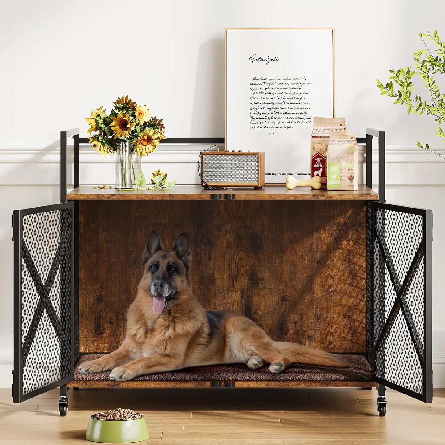 Large Wooden Dog Crate Furniture, Decorative End Table Indoor Dog House, With Lockable Wheels For Dogs, Heavy Duty Dog Cage