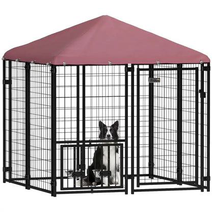Welded Wire Outdoor Dog Kennel with 360° Rotating & 4 Levels Adjustable Bowls, Waterproof Cover, 4.6' x 4.6' x 5'