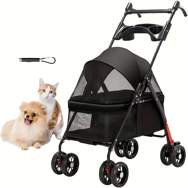Spacious Pet Stroller for Dogs And Cats, Featuring Foldable Cage, Storage Basket, And Cup Holder Suitable for Small to Medium-Sized Dogs And Cats Four-Wheel Design (Black)