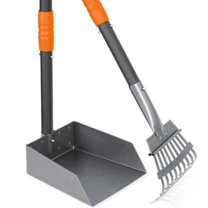 Dog Pooper Scooper, Dog Poop Tray and Rake Set, Pet Waste Removal Scoop with Long Adjustable Sectional Stainless Handles