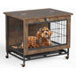 Rustic Dog Crate Furniture with Wheels 26in Small Heavy Duty Metal and Wood Dog Kennel Indoor Anti-Chew Pet Cage End Side Table