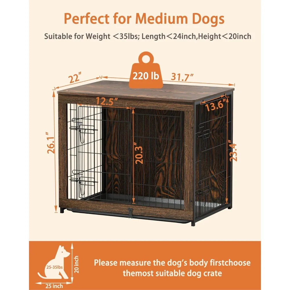 Wooden Dog Crate Furniture with Cushion, Medium Kennel End Table with Tray, Double Doors Indoor Pet House (32" L*22" W*26" H)