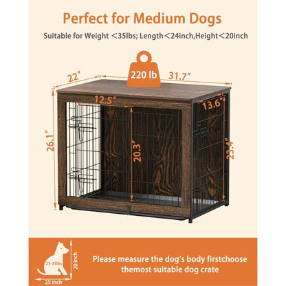 Wooden Dog Crate Furniture with Cushion, Medium Kennel End Table with Tray, Double Doors Indoor Pet House (32" L*22" W*26" H)