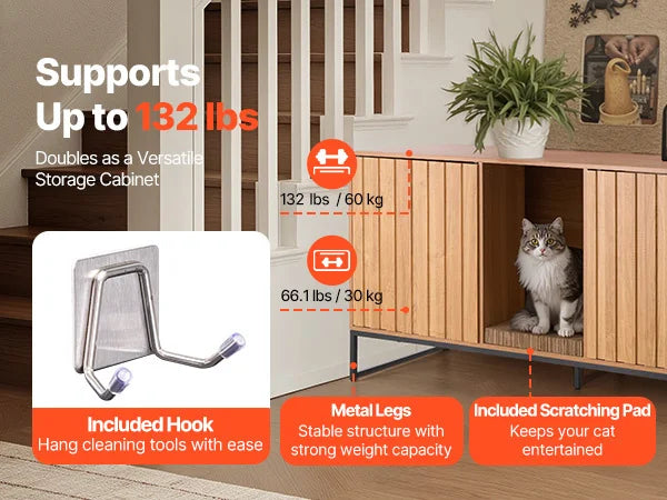 Cat Litter Box Enclosure Furniture, 47.2 in Hidden Litter Box Cabinet with Scratch Pad & Storage, Waterproof Cat Washroom End