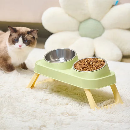 Stainless Steel Foldable Pet Bowl Double Dish - Elevated Feeder with Neck Support Anti-Tip Design for Cats Dogs
