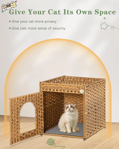 Cat Litter Box Enclosure Furniture, Hidden Litter Box with Mat and Fence, Handwoven Rattan Cat House with Two S-Shaped Hooks for