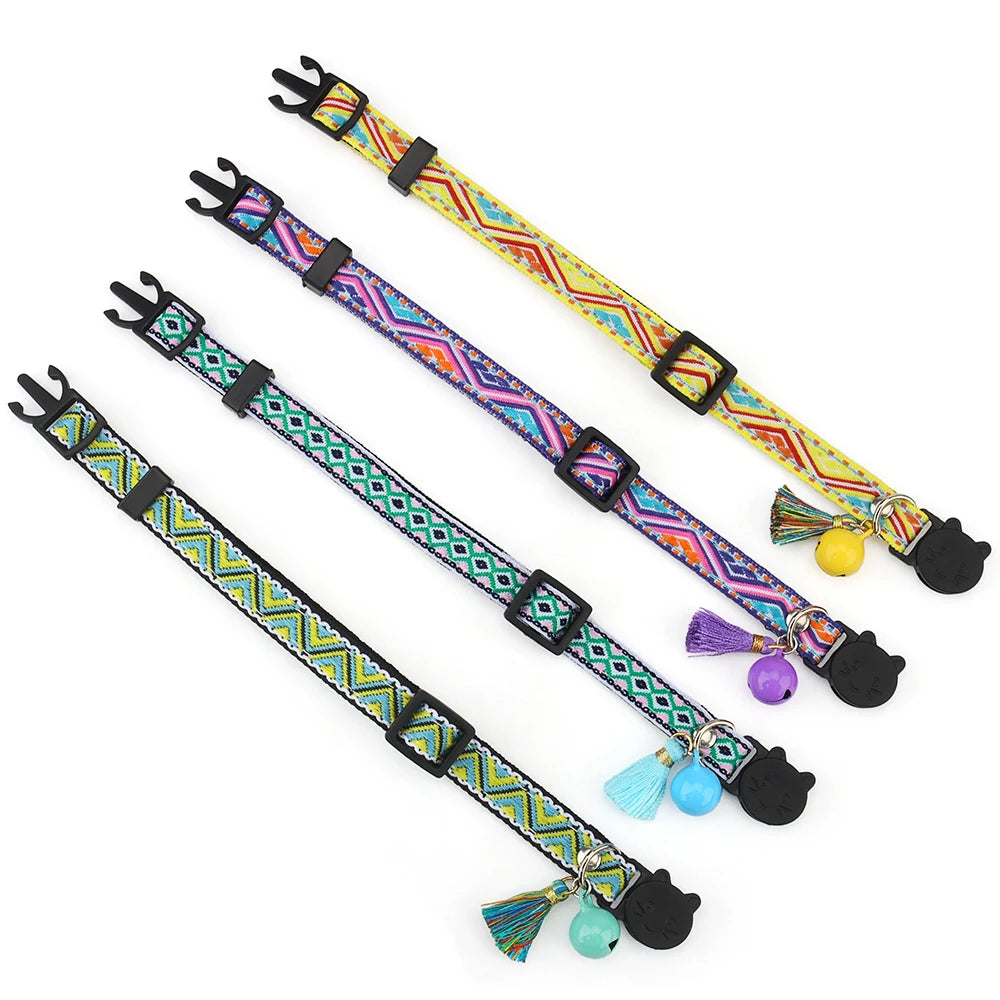 Adjustable Cat Collar Polyester Jacquard Pattern Pet Collar with Bell and Tassel Decoration for Cats and Small Dogs To Keep Lost