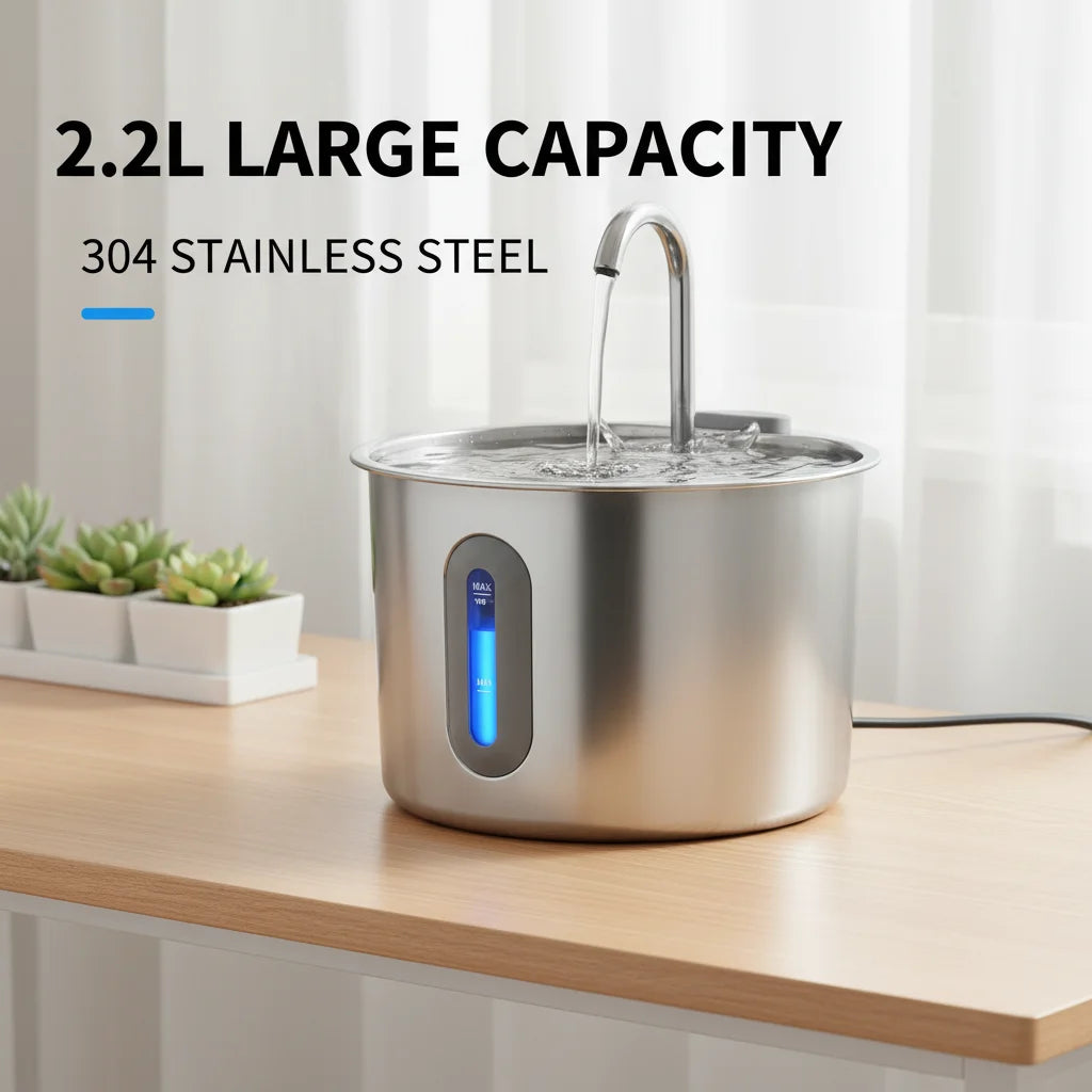 Stainless Steel Cat & Dog Water Fountain 2.2L Ultra Quiet USB Powered Automatic Pet Drinking Fountain Durable for Indoor Pets
