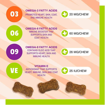 Dog Skin & Coat Supplement with Salmon Oil, Vitamin E & Flax Oil - 30 Chews - No Corn or Wheat - Vet Recommended