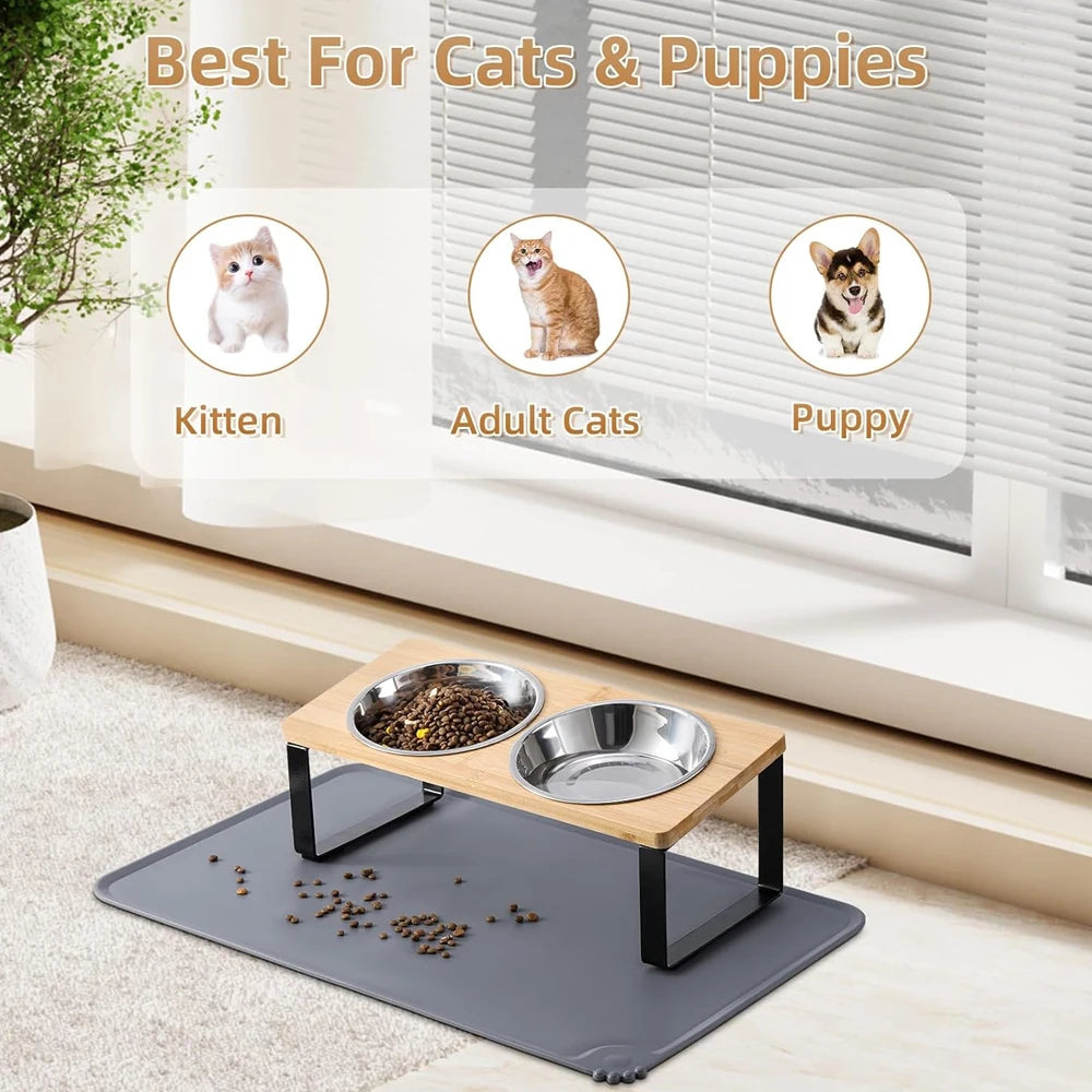 Elevated Cat Bowls with Food Mat 15° Tilted Stand Anti Vomiting Raised Cat Dishes with Silicone Pad for Food and Water for Cats