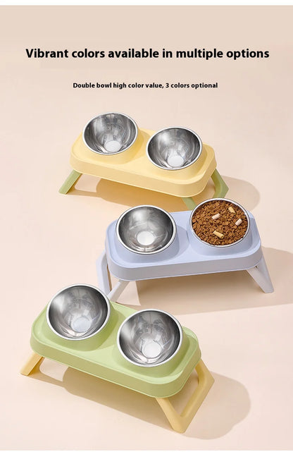 Stainless Steel Foldable Pet Bowl Double Dish - Elevated Feeder with Neck Support Anti-Tip Design for Cats Dogs