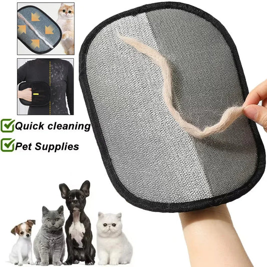 Pet grooming brush with a hand holding it, showing fur removal, and images of pets.