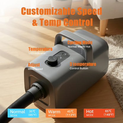 Gray air blower with customizable speed and temperature control on a wooden floor.