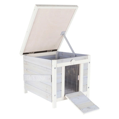 Weatherproof Wooden Cat House Outdoor Shelter with Hinged Roof Easy Access Cats Small Animals Dogs Cozy Design