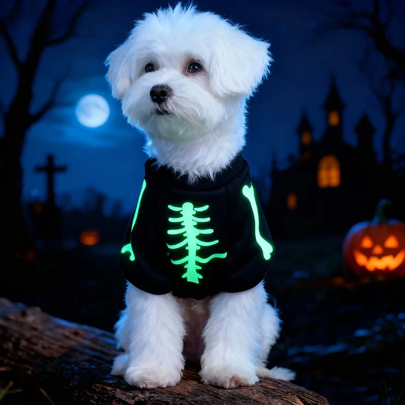 New Adjustable Glow-in-the-Dark Skull Bone Halloween Full Body Jumpsuit for Small Dogs Scary & Funny Trick-or-Treat Pet Outfit