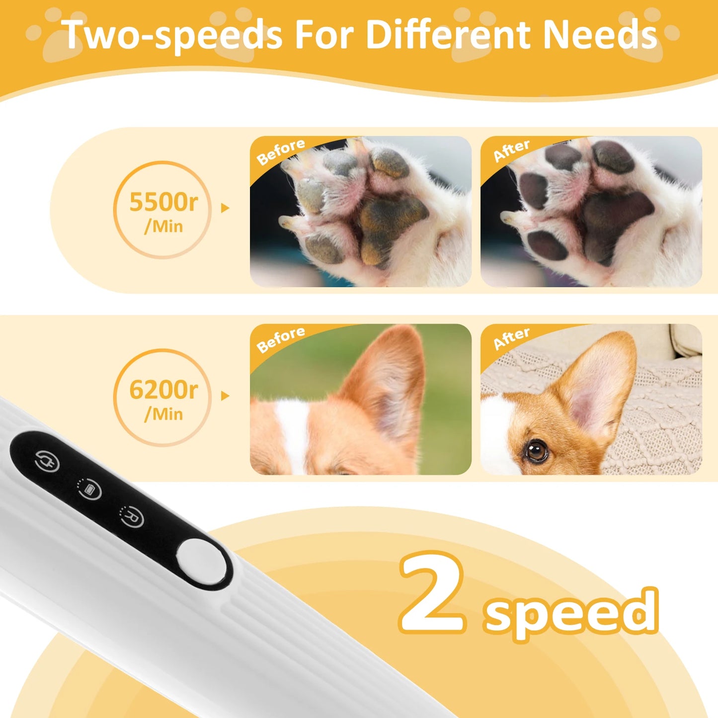 Professional Dog Grooming Clippers with LED Light USB Rechargeable Low Noise Dog Paw Clippers Portable Pet Hair Trimming Tool