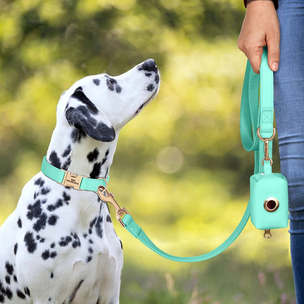 Personalized Dog Collar Leash Bag Set Custom PU Leather Dog Collars Colorful Pet Necklace With Leashes Poop Bag for Dogs Pug