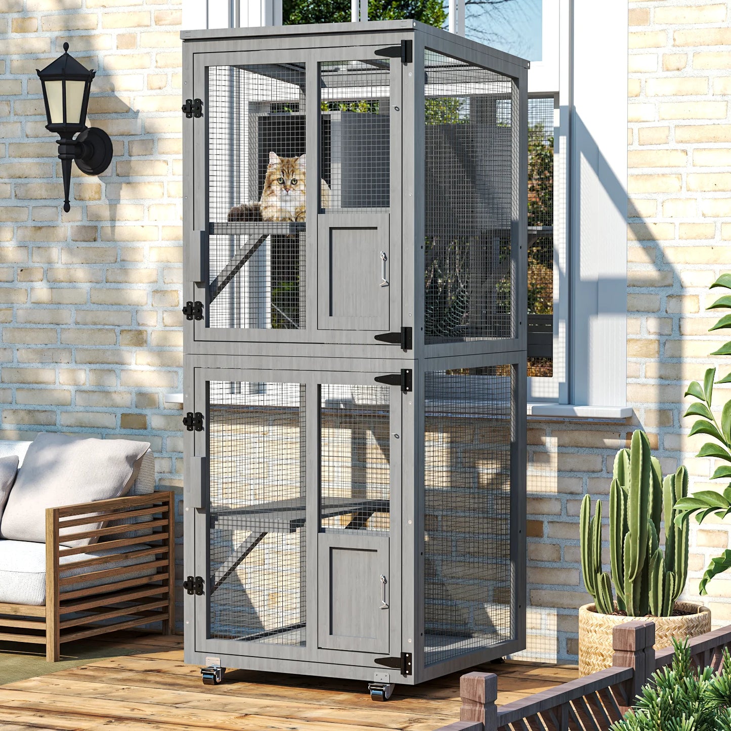 4-Tier Outdoor Cat Catio Enclosure, Large Cat Playpen with Wheels,Waterproof Roof,4 Doors & Resting Box,Grey/Black