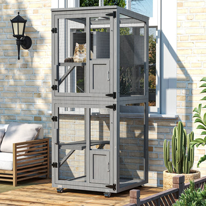 4-Tier Outdoor Cat Catio Enclosure, Large Cat Playpen with Wheels,Waterproof Roof,4 Doors & Resting Box,Grey/Black