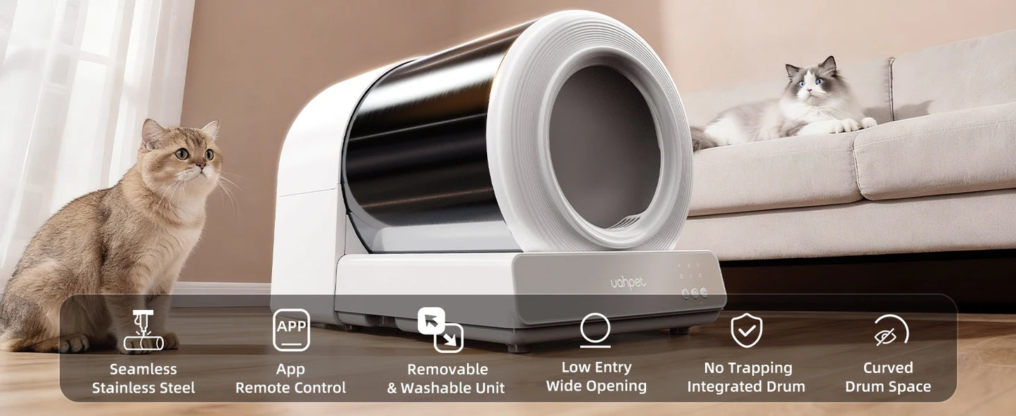 Uahpet Stainless Steel Self Cleaning Cat Litter Box, Automatic Cat Litter Box with APP Control, Lower Entry, Safety Sensors