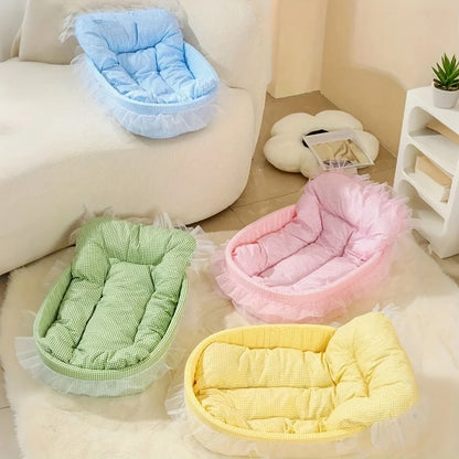 1set Cute Lace-Trimmed Pet Princess Bed For Winter - Soft Polyester Plush Oval for Small Dogs/Cats, Easy Assembly Indoor Use