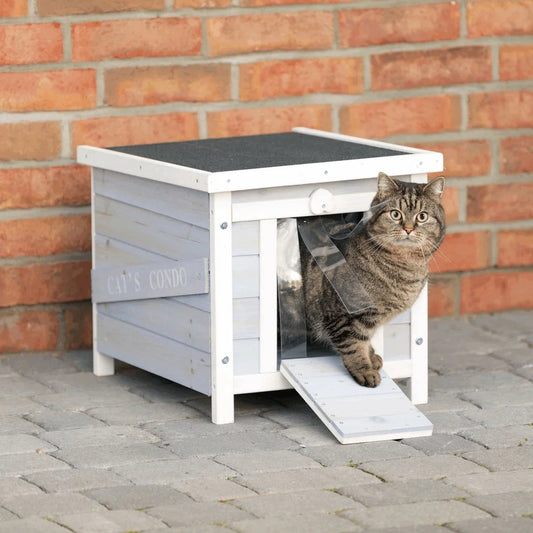 Weatherproof Wooden Cat House Outdoor Shelter with Hinged Roof Easy Access Cats Small Animals Dogs Cozy Design