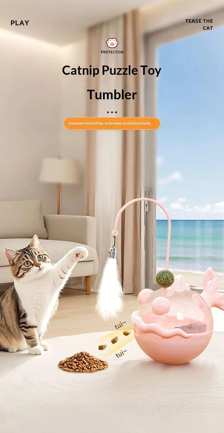 Cat Toys Wobble Treat Dispenser Feather Teaser Wand Catnip Balls Self Play Boredom Buster for Cats Pet Safe