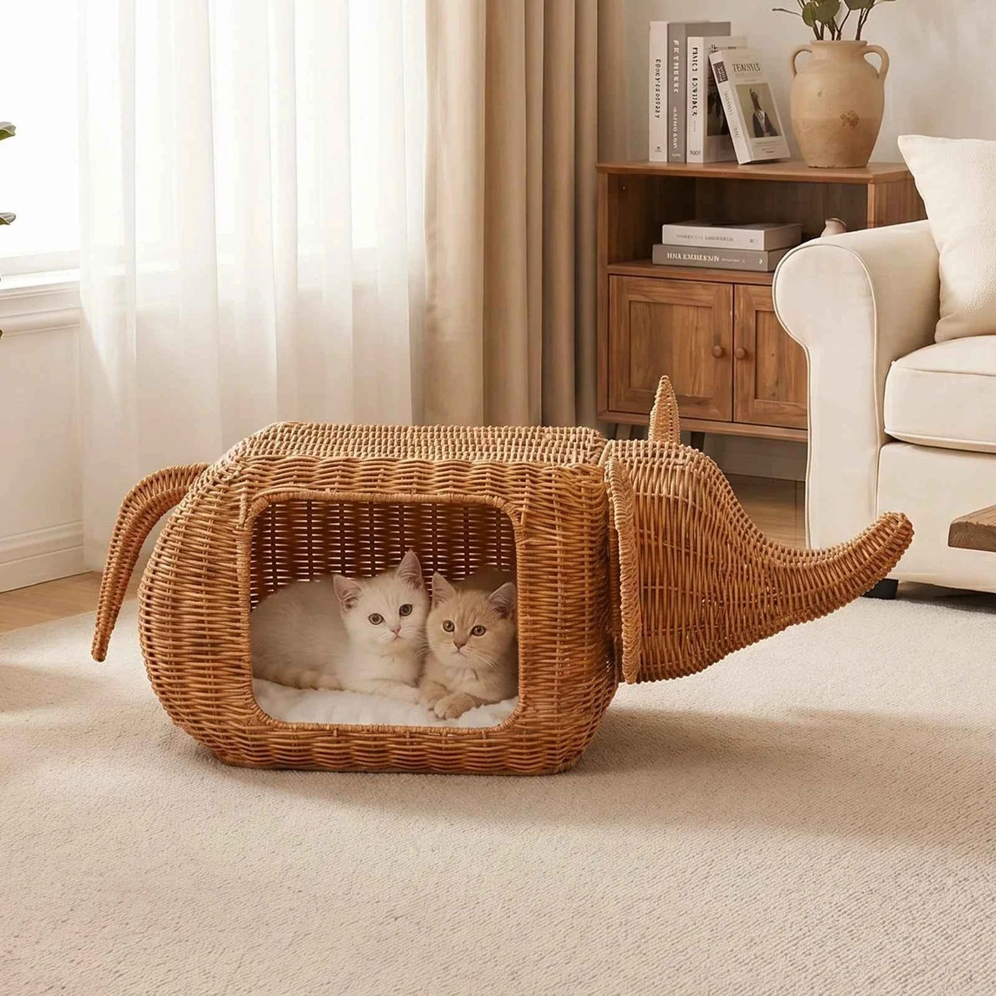 Handmade Elephant Rattan Cat Condo Bed – Plush Cushioned Wicker Hideaway, Heavy-Duty Indoor Shelter for Large Cats & Small Kittens