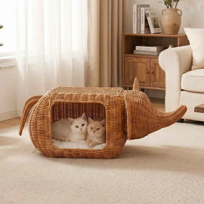 Handmade Elephant Rattan Cat Condo Bed – Plush Cushioned Wicker Hideaway, Heavy-Duty Indoor Shelter for Large Cats & Small Kittens