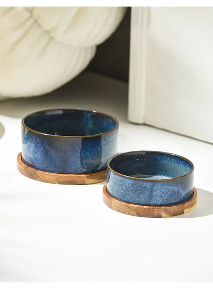 Dog Bowl Ceramic Matte Pet Bowl Cervical Spine Protector Anti Knock Over Wooden Tray Pet Feeding Supplies Cat Accessories