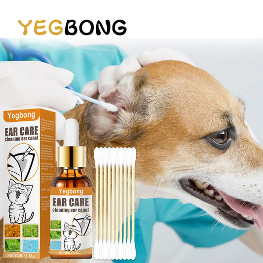 YEGBONG 2set Pet Ear Care Kit with Mite Control Itch Relief Hypoallergenic Cleaning Solution Cotton Swabs for Dogs and Cats Ear
