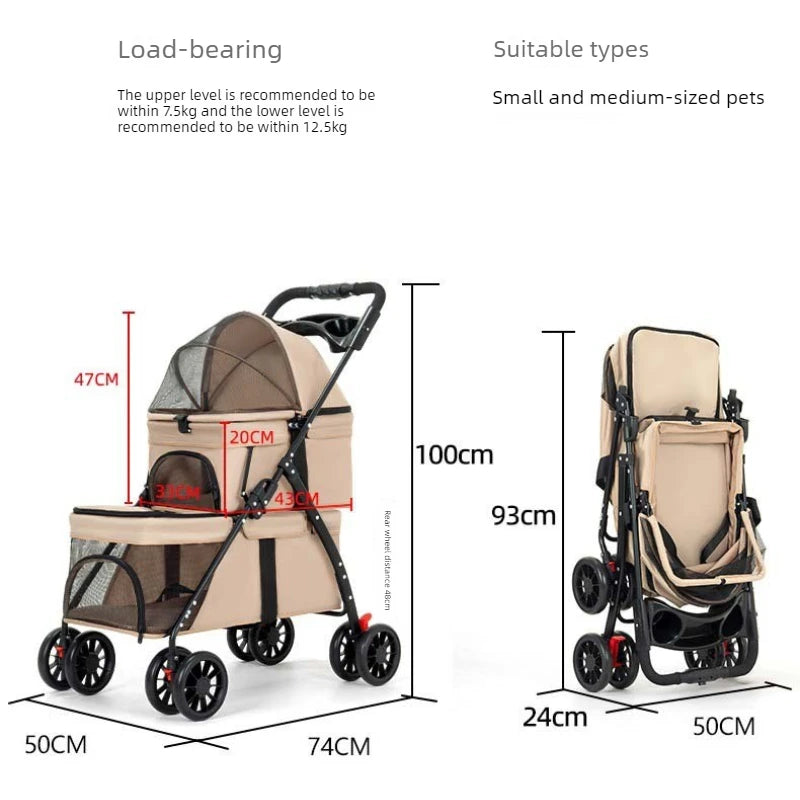 Double Decker Pet Stroller for 2 Dogs Cats, Lightweight Foldable Travel Carrier, Detachable Upper/Lower Pet Trolley for Outdoor