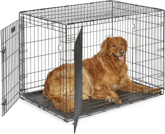 42-Inch Two-Door Folding Dog Crate with Divider, Leak-Proof Tray & Secure Latches – Metal Wire Kennel for Large Breeds – Portabl