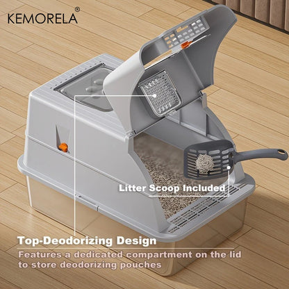 Extra Large Stainless Steel Cat Litter Box Convertible to Fully or Semi-Enclosed Detachable Flip Cover with Pedal &Scoop,for Cat