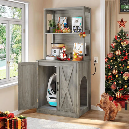 Large Hidden Litter Box Furniture with Shelves and Charging Station, Wooden Enclosure for Self-Cleaning Litter Boxes, Grey