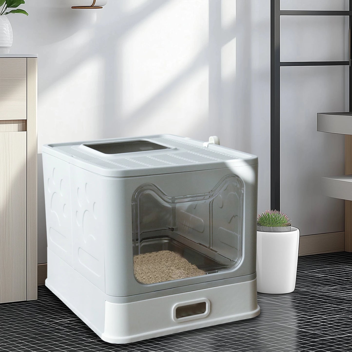 Bingopaw Stainless Steel Cat Litter Box with Lid Front Entry and Top Exit Toilet Box with Litter Scoop for Kittens,Easy Cleaning