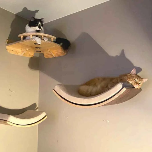 Wooden Cat Tree Tower Cat Wall Furniture Climbing Shelves Perches Sisal Scratcher Hammock Steps and Ladder Indoor Cats Walk Gym