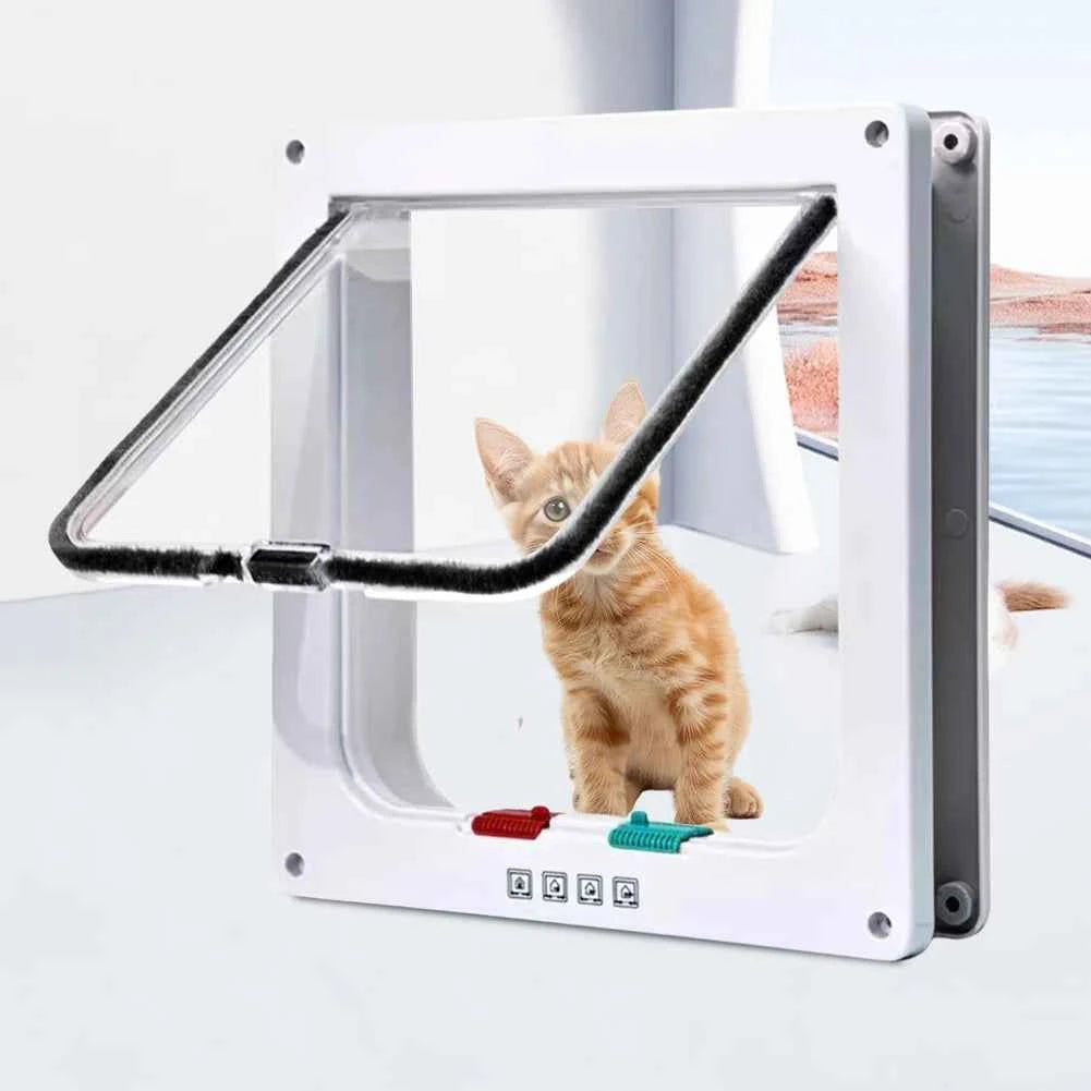Cat Flap Door with 4 Way Security Lock Puppy Kitten Safety In&out Pet Door ABS Plastic Small Pet Gate Dog Cat Kitten Flap Door