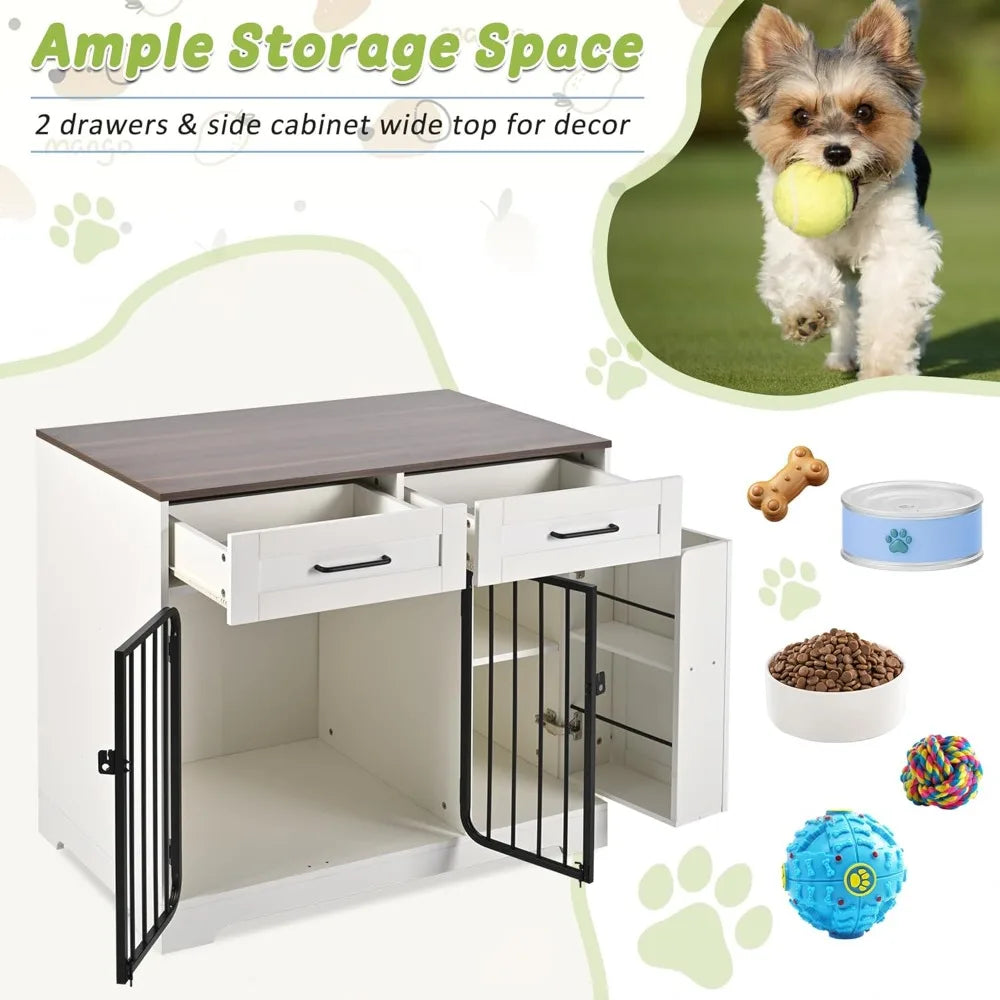 Dog Crate Furniture, Indoor Dog Kennel House with 2 Drawers and Storage Cabinet, Modern Furniture Dog Cage Side End Table
