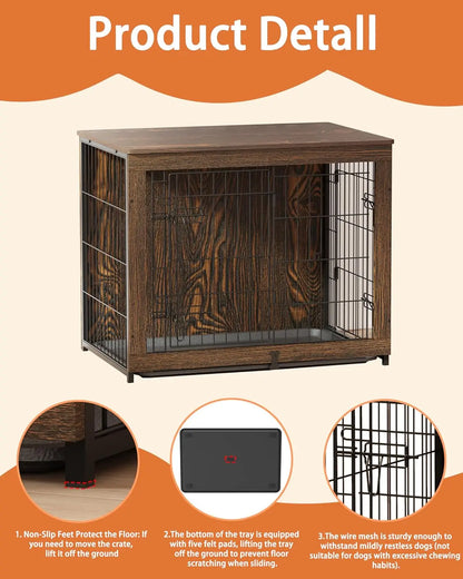 Wooden Dog Crate Furniture with Cushion, Medium Kennel End Table with Tray, Double Doors Indoor Pet House (32" L*22" W*26" H)