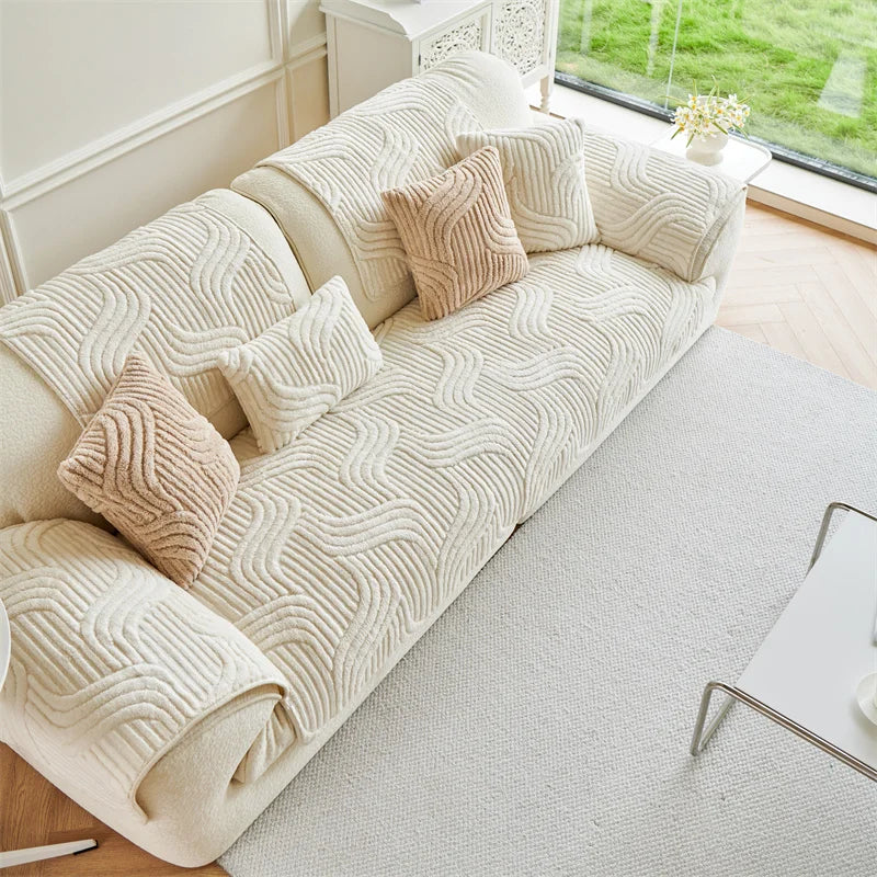 Tuffed Fleece Jacquard Sofa Cover, Winter Thickened Slipcover Soft and Comfortable Modern Fleece Non-Slip Sofa Towel