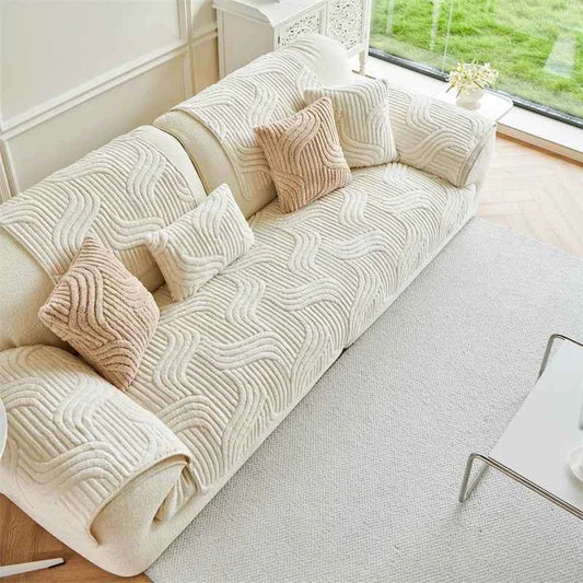 Tuffed Fleece Jacquard Sofa Cover, Winter Thickened Slipcover Soft and Comfortable Modern Fleece Non-Slip Sofa Towel
