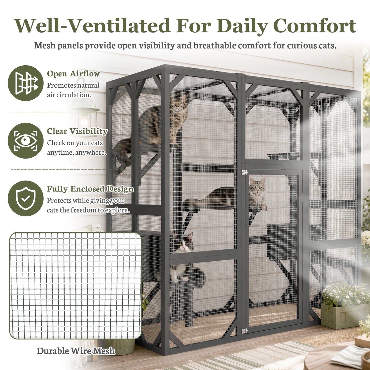 Large Wooden Catio Outdoor Cat Enclosure  Walk-in Cat House with Platforms & Rest Box   Weatherproof Cat Cage for Multiple Cats
