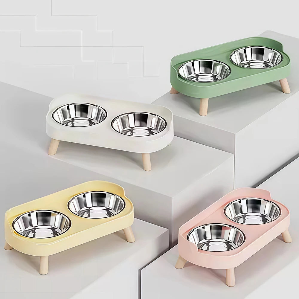 Ceramic Cat Bowls Double Set - Large Aperture Food & Water Bowls, Anti - Tip Design, Neck - Care for Cats and Dogs